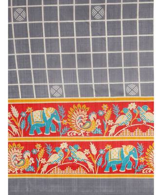 Grey Printed cotton saree with blouse 3