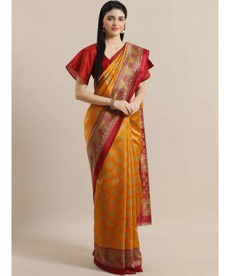 yellow Printed cotton saree with blouse 1