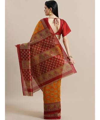 yellow Printed cotton saree with blouse 2