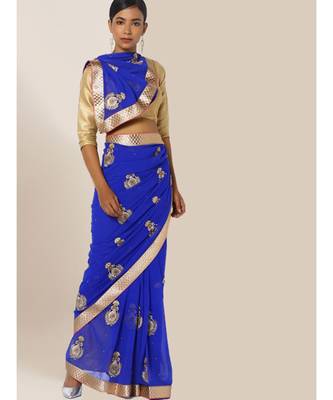 Blue embroidered georgette saree with blouse 1