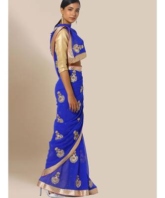 Blue embroidered georgette saree with blouse 2