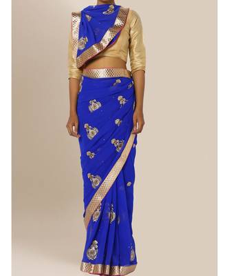 Blue embroidered georgette saree with blouse 3