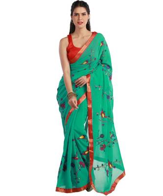 Green Solid georgette saree with blouse 1