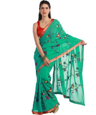 Green Solid georgette saree with blouse 2