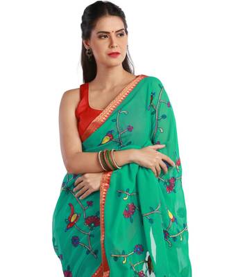 Green Solid georgette saree with blouse 3