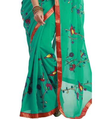 Green Solid georgette saree with blouse 4