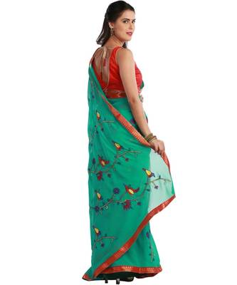 Green Solid georgette saree with blouse 5