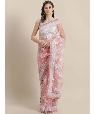 Pink Embroidered Net saree with blouse 1