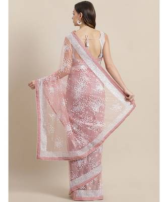 Pink Embroidered Net saree with blouse 2
