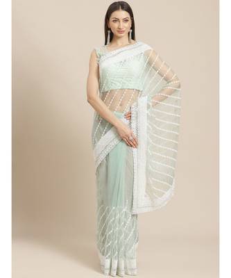 Sea Green Embroidered Net saree with blouse 1