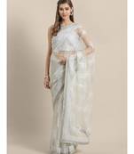 Cream Embroidered Net saree with blouse