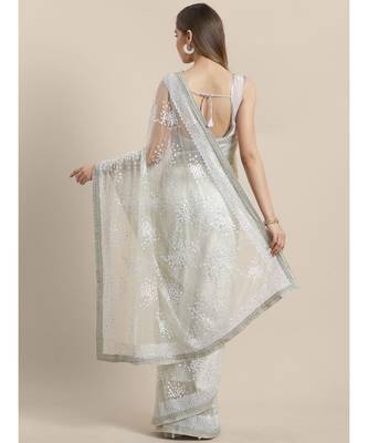 Cream Embroidered Net saree with blouse 2