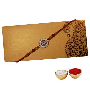 Fancy Rakhi for Brother with Engraved Ganesha Ji on Metallic Plate Single Rakhi with Roli Tika 1