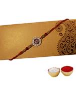 Fancy Rakhi for Brother with Engraved Ganesha Ji on Metallic Plate Single Rakhi with Roli Tika