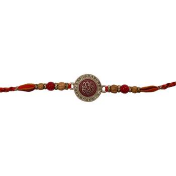 Fancy Rakhi for Brother with Engraved Ganesha Ji on Metallic Plate Single Rakhi with Roli Tika 2