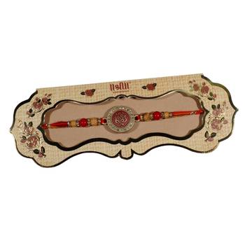 Fancy Rakhi for Brother with Engraved Ganesha Ji on Metallic Plate Single Rakhi with Roli Tika 3