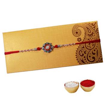 White Pearl Rakhi For Brother with Floral Cutwork Single Rakhi with Roli Tika 1