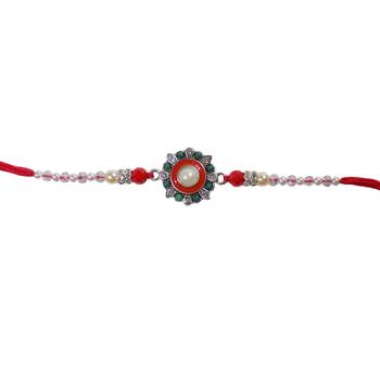 White Pearl Rakhi For Brother with Floral Cutwork Single Rakhi with Roli Tika 2