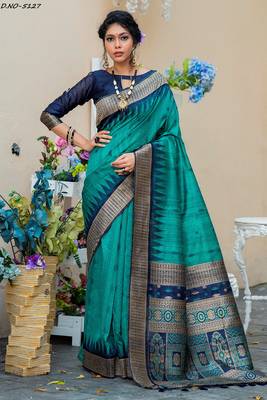 Turquoise woven pure tussar silk saree with blouse 1