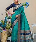 Turquoise woven pure tussar silk saree with blouse