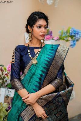 Turquoise woven pure tussar silk saree with blouse 2