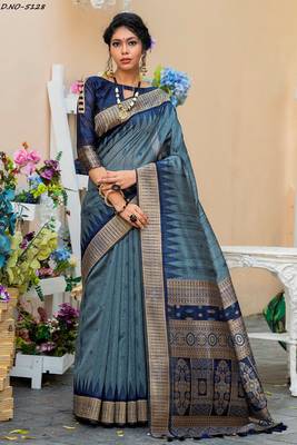 Grey woven pure tussar silk saree with blouse 1