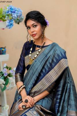 Grey woven pure tussar silk saree with blouse 2