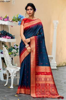 Navy blue woven pure tussar silk saree with blouse 1