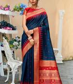 Navy blue woven pure tussar silk saree with blouse