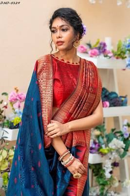 Navy blue woven pure tussar silk saree with blouse 2
