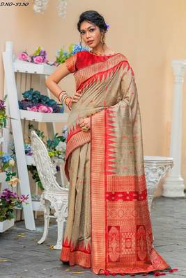 Beige woven pure tussar silk saree with blouse 1