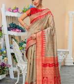 Beige woven pure tussar silk saree with blouse