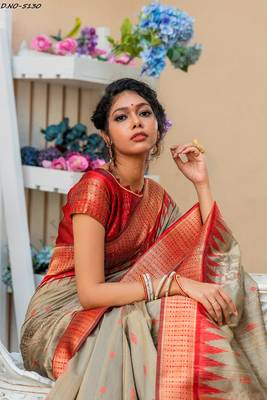 Beige woven pure tussar silk saree with blouse 2