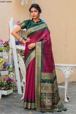 Magenta woven pure tussar silk saree with blouse 1
