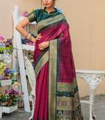 Magenta woven pure tussar silk saree with blouse