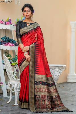 Red woven pure tussar silk saree with blouse 1