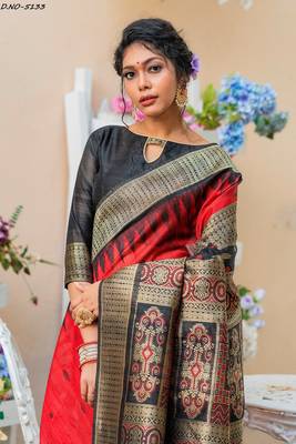 Red woven pure tussar silk saree with blouse 2