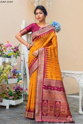 Mustard woven pure tussar silk saree with blouse 1