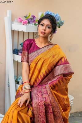 Mustard woven pure tussar silk saree with blouse 2