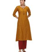 Mustard printed silk long-kurtis