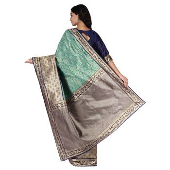 Teal woven silk blend saree with blouse 4