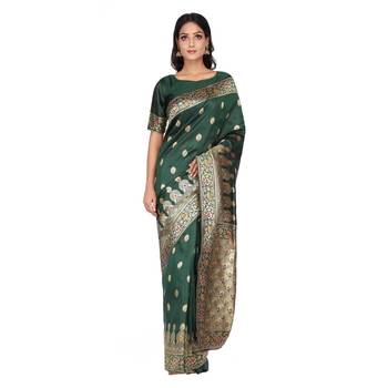 Dark green woven silk saree with blouse 3