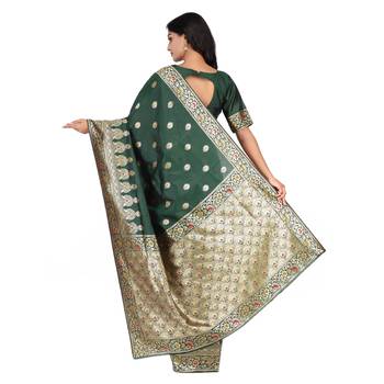 Dark green woven silk saree with blouse 4