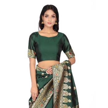Dark green woven silk saree with blouse 5