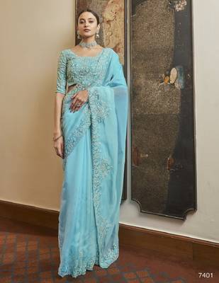 Blue embroidered georgette saree with blouse 1