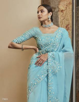 Blue embroidered georgette saree with blouse 2