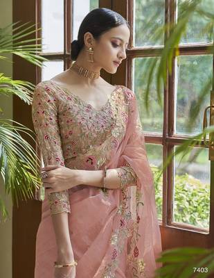 Peach embroidered net saree with blouse 2