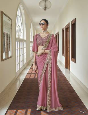 Pink embroidered georgette saree with blouse 1