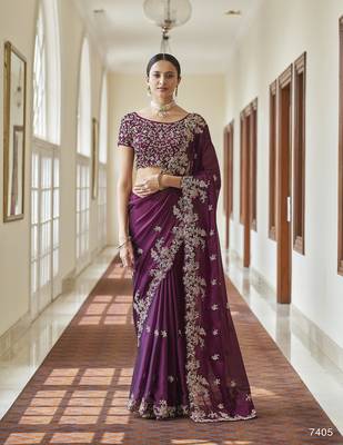 Purple embroidered georgette saree with blouse 1