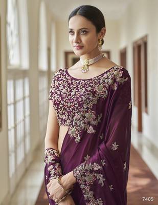Purple embroidered georgette saree with blouse 2